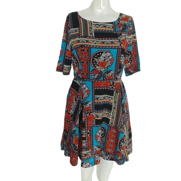 MINKPINK Dress, Jr M, Geometric Floral/Roses, Skater, Poly, Aqua/Black/ - Picture 10 of 12